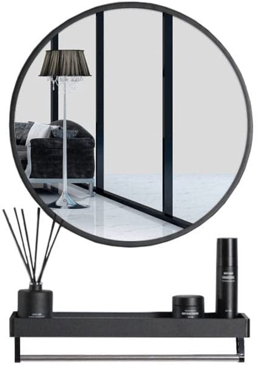 Ronde Spiegel 70cm met Zwart Frame en Plank - Voor Badkamer en Woonkamer