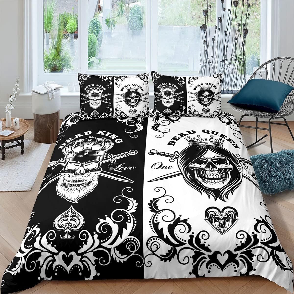 Gothic Schedel Beddengoed Set voor Super King Size, Skelet Met Zwaard Dekbedovertrek en 2 Kussenslopen, Bohemian Stijl Bloemen in Zwart Wit, 3 Stuks voor Tieners en Volwassenen