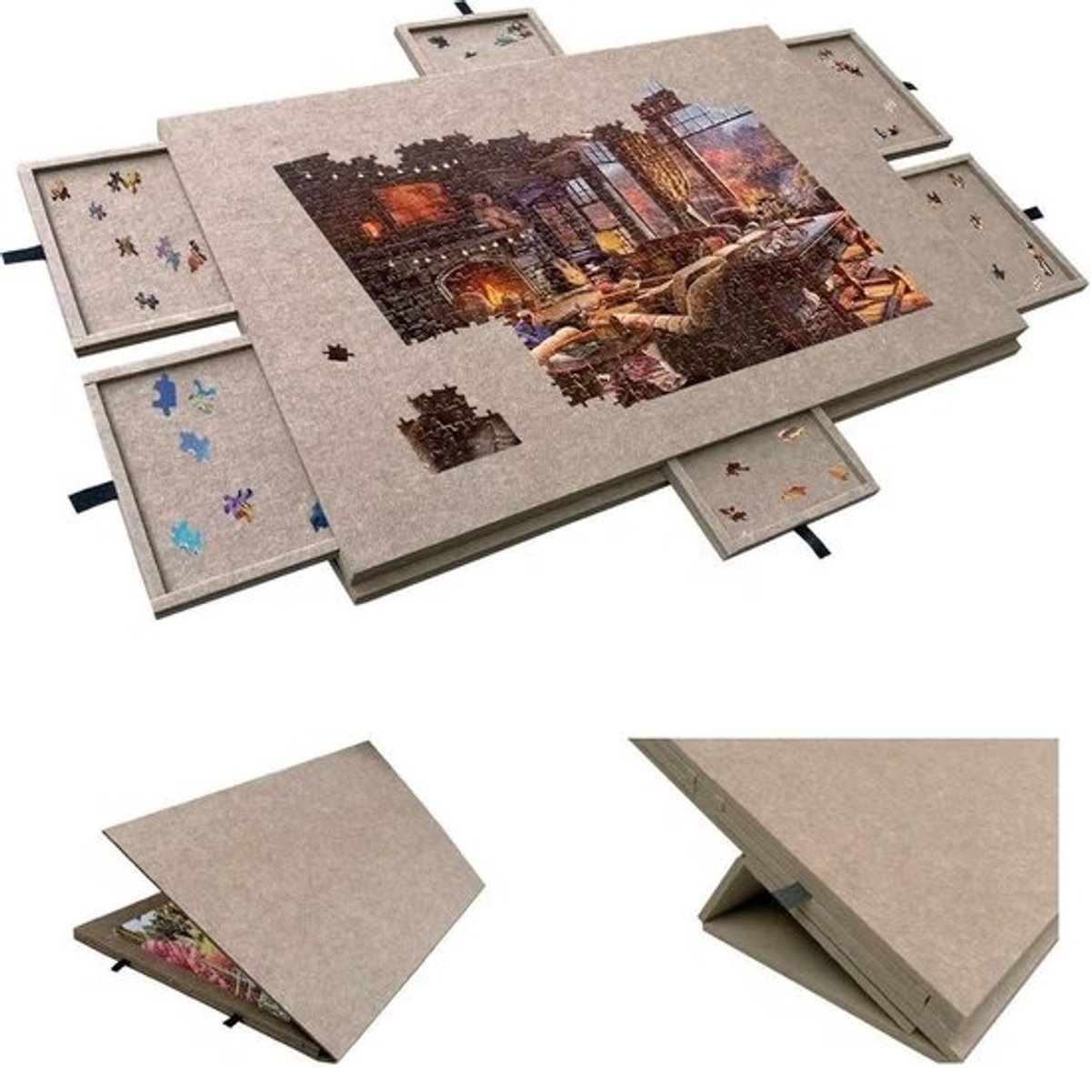 Kantelbaar Puzzelbord - Puzzeltafel Puzzelmat - Puzzels Leggen - Met 6 Gekleurde Laden - 90 x 65 cm - Grijs