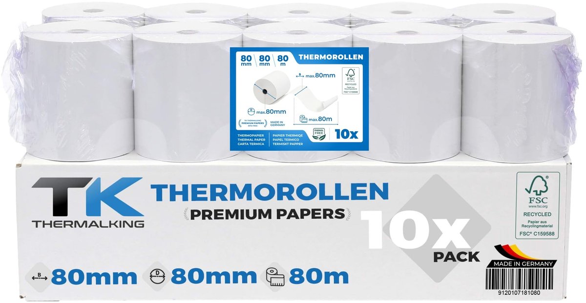 Thermische Papierrollen - 80 mm x 80 mm x 12 mm - 100 stuks