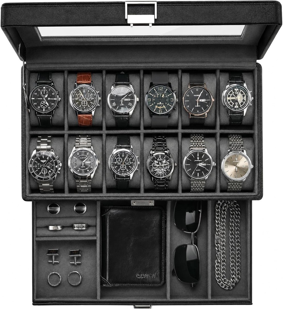Horloge Box voor Mannen - Sieraden Organizer met Glazen Deksel - 12 Slots