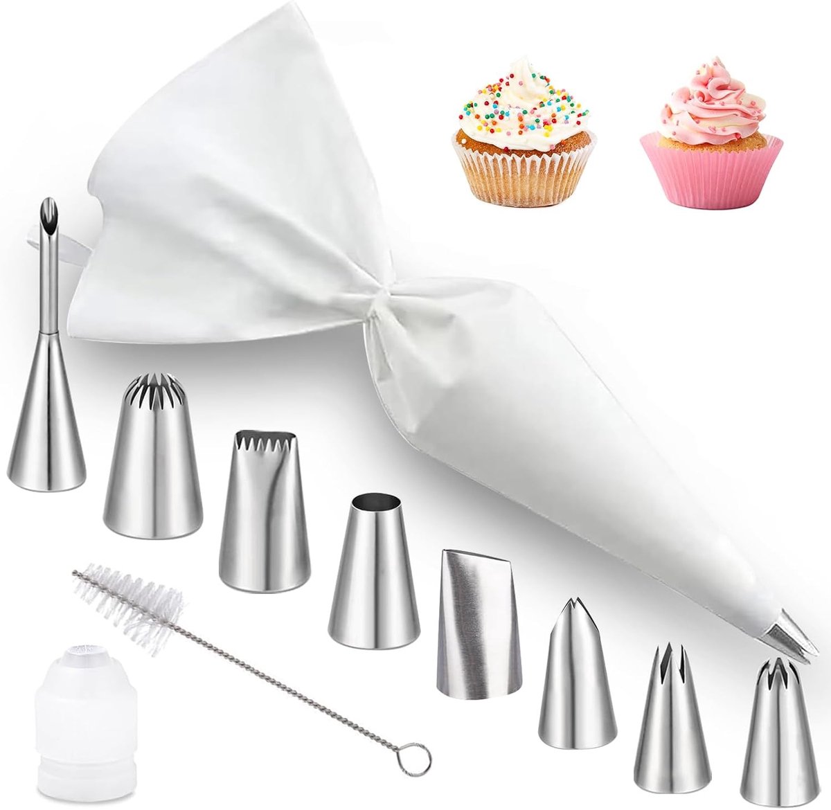 Herbruikbare spuitzakken van katoen, eenvoudig in gebruik en schoon te maken, met diverse roestvrijstalen mondstukken voor het decoreren van cupcakes en koekjes, vaatwasserbestendig en duurzaam