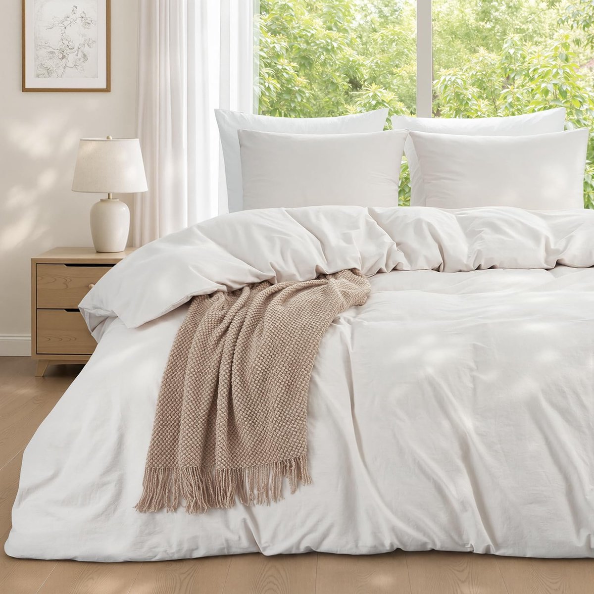 Bedlinnen Set van 3 Stukken - Dekbedovertrek 200 x 200 cm + 2 Kussenslopen 80 x 80 cm - Natuurlijk Beige