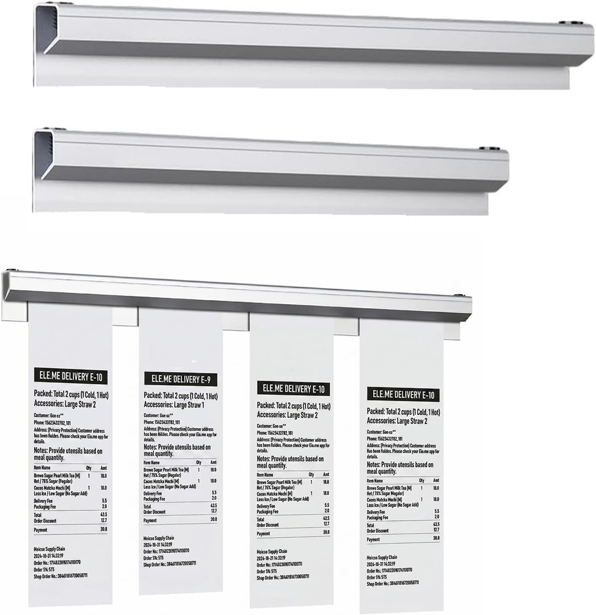 Set van 2 zelfklevende aluminium commando's (20 cm + 30 cm) voor tickets, notities en keukenorganisatie in restaurants en cafés