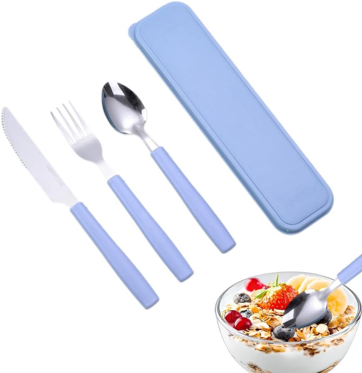 Draagbaar en Herbruikbaar Camping Bestekset met Vork, Lepel en Mes, Perfect voor Reizen, Wandelen en Picknicken, Blauw