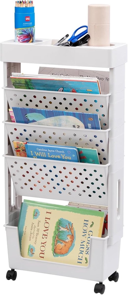 Mobiele boekenplank met wielen - Smalle rolboekenkast voor opslag, 5 niveaus, ideaal voor woonkamer, slaapkamer en kantoor, wit