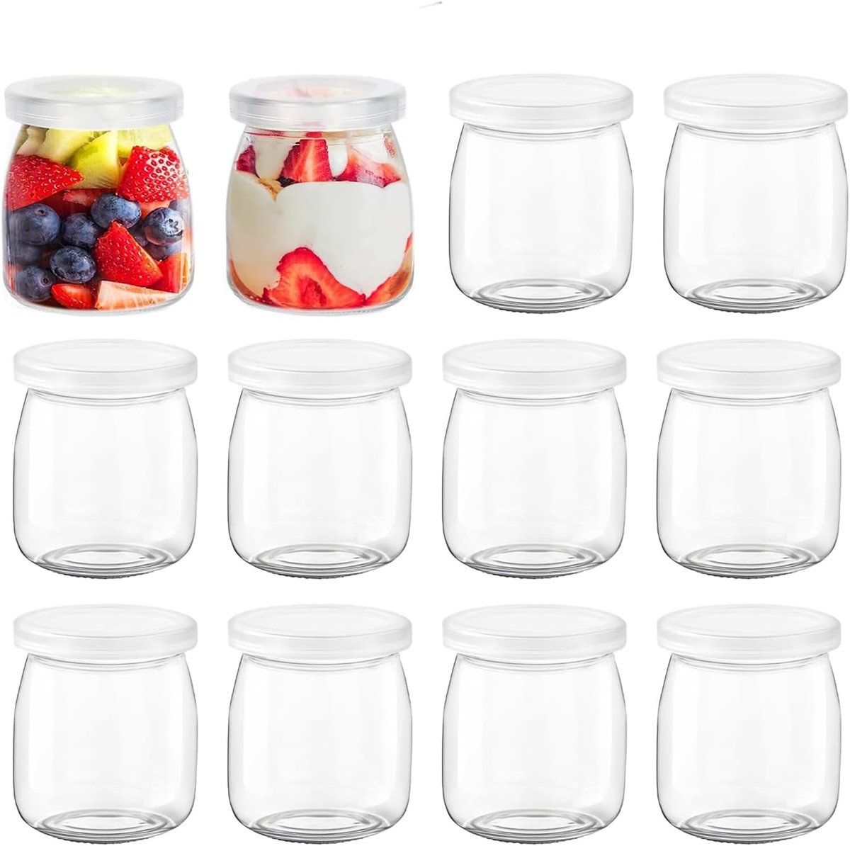 Multifunctionele Dessertglazen met Deksel voor Pudding, Yoghurt en Mousse - Set van 12 Transparante Glazen voor Jam en Honing