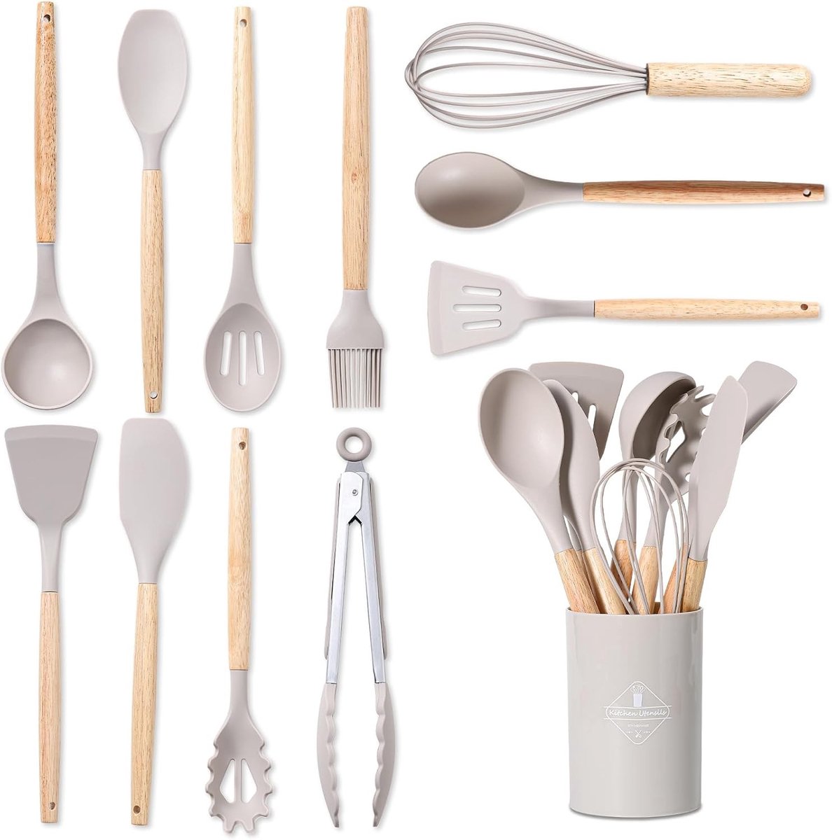 12-delige set keukengerei van silicone, hittebestendig en antiaanbak met houten handvat, ideaal voor pannen en potten, keukenaccessoires in khaki