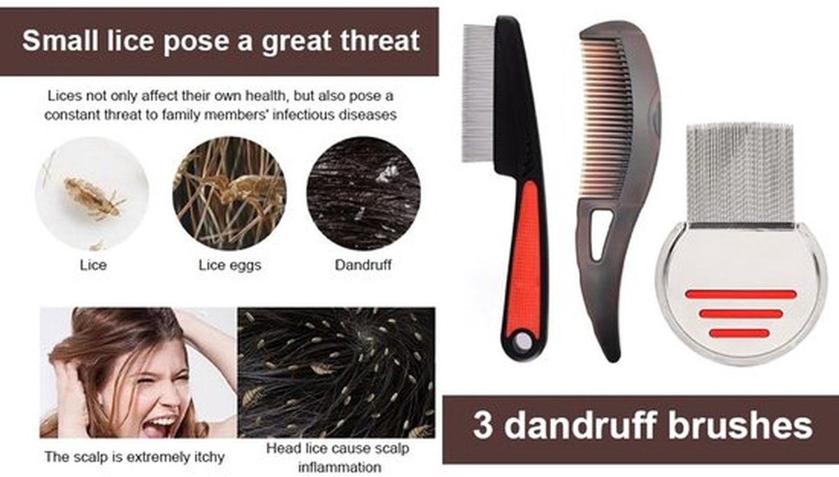 3-delige anti-rooskam, roestvrij staal, fijne tanden, roosverwijderaar, kam en roos, holle tanden, haarborstel voor hoofdhuidmassage