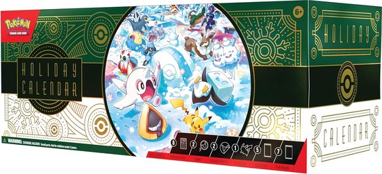 Boîte du calendrier de l'Avent Pokémon TCG avec des illustrations d'hiver de Pokémon et un aperçu du contenu.