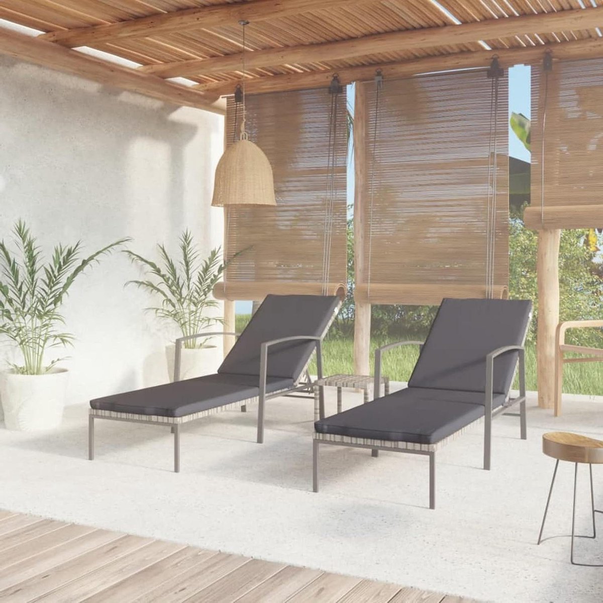 2-delige Ligbedden Set met Tafel - Verstelbaar Poly Rotan Tuin Loungers Grijs