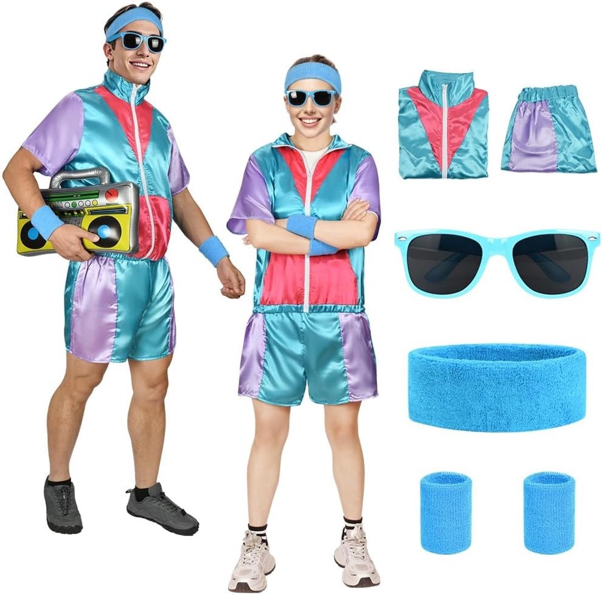 Retro 90s Hip Hop Outfit en 80s Fashion Shell Suit Kostuum voor Disco, Inclusief Hoofdband en Polsbanden, Perfect voor Feesten en Thema-avonden