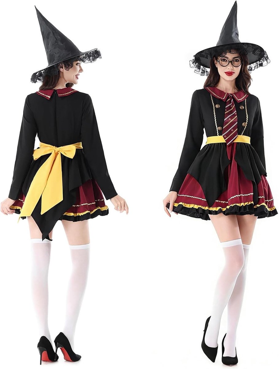 Lolita Heks Kostuum voor Kinderen en Vrouwen, Magische Jurk met Heksenhoed, Vlinderband en Toverstaf voor Halloween en Carnaval