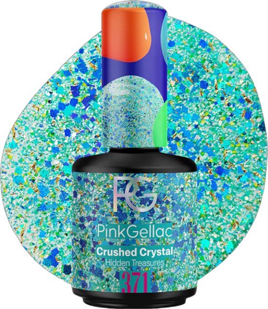 Flesje Pink Gellac Crushed Crystal 371 met veel blauwe, turquoise en gouden glitters. Flesje met blauwe dop en oranje en groene abstracte vormen.