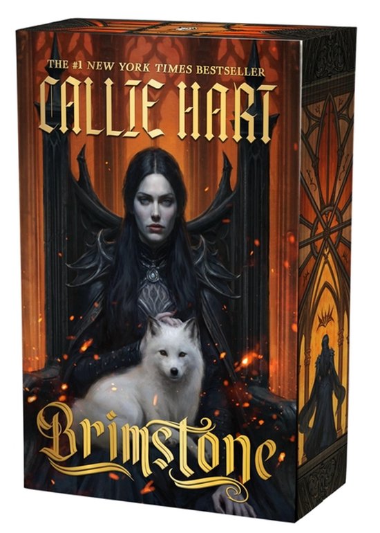 De cover van het boek 'Brimstone' met een vrouw met lang zwart haar en een witte vos. De titel 'The #1 New York Times Bestseller CALLIE HART Brimstone' is prominent aanwezig.