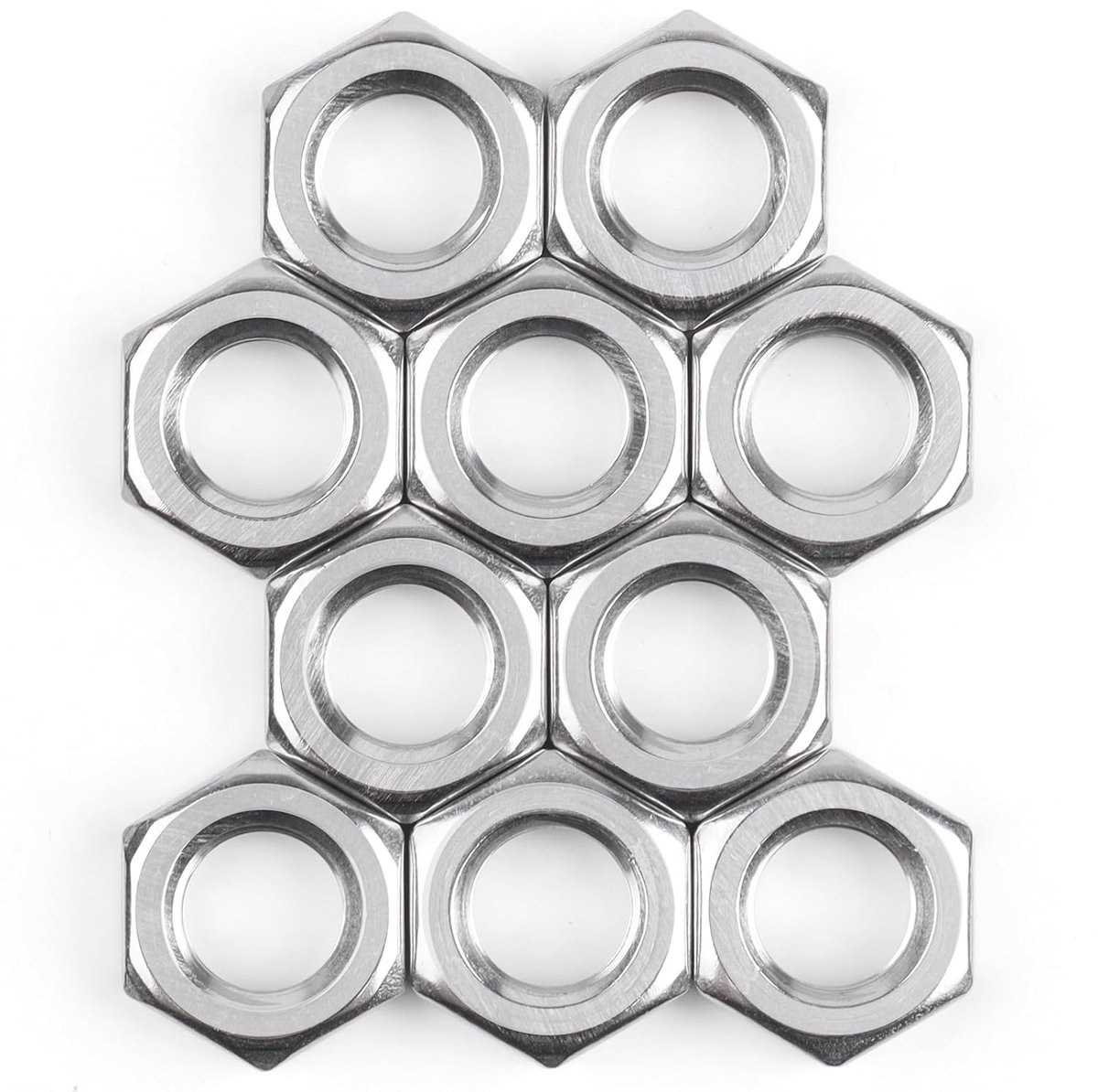 Set van 10 RVS Hexagon Moeren, DIN439 A2 V2A, Lage Vorm, Geschikt voor Schroeven, Ringen en Draadstangen