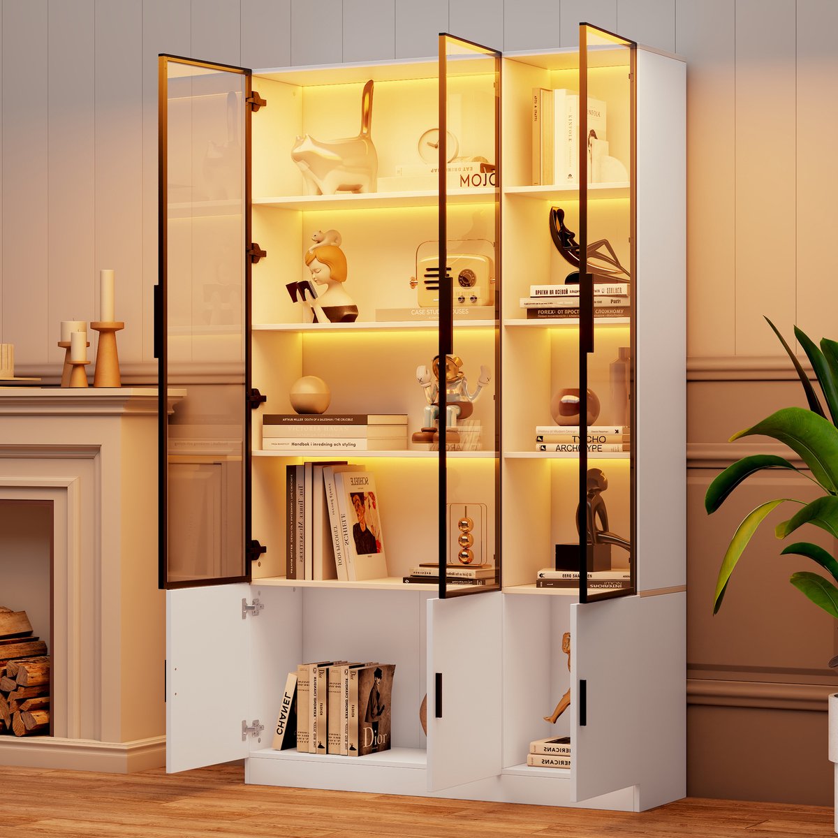 MODFU Buffetkast - 6 Deuren Met Glasdeuren En LED - Woonkamer - MDF En Glas - Wit