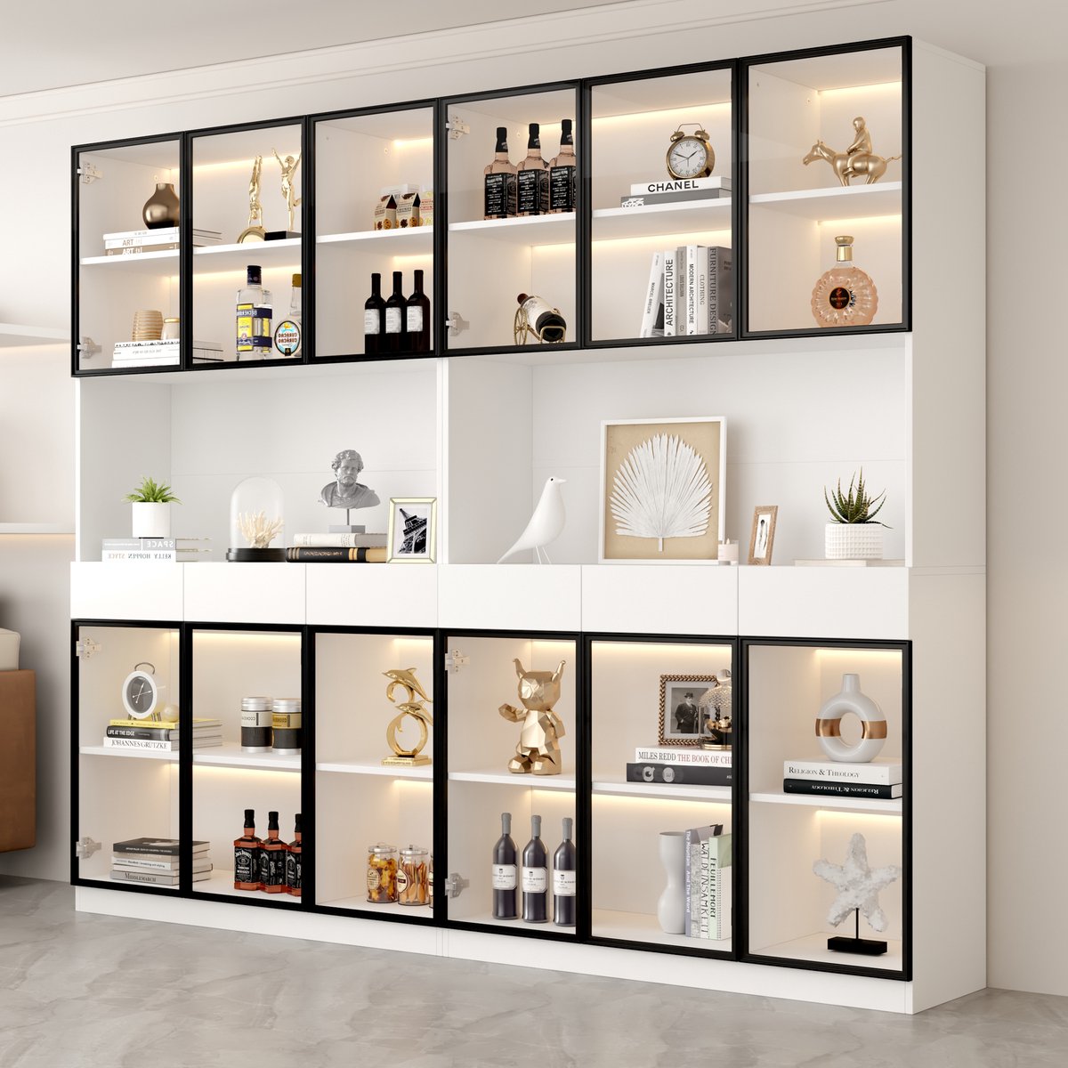 MODFU - Vitrinekast - LED-Verlichting En 6 Lades - Modern - Woonkamer - Glas En Spaanplaat - Wit