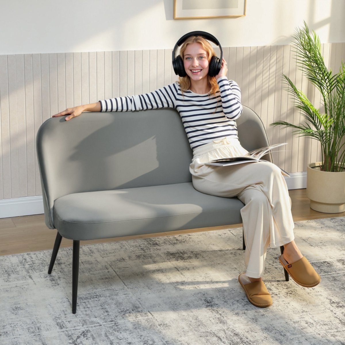 Zitbank - Moderne 2-Zits Bank - Ergonomische Gestoffeerde Bank Met Hoge Poten - Voor Woonkamer En Leeshoek - Velourslook Grijs
