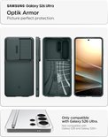 Set van 3 hoesjes voor Samsung Galaxy S26 Ultra in het groen. Bevat een hoesje met schuifbare camera, een hoesje van binnen en een hoesje met telefoon.