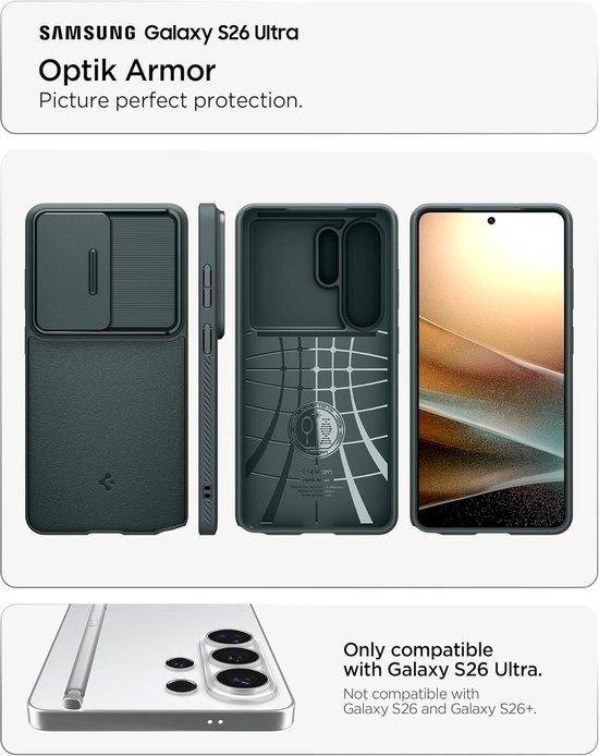 Set van 3 hoesjes voor Samsung Galaxy S26 Ultra in het groen. Bevat een hoesje met schuifbare camera, een hoesje van binnen en een hoesje met telefoon.