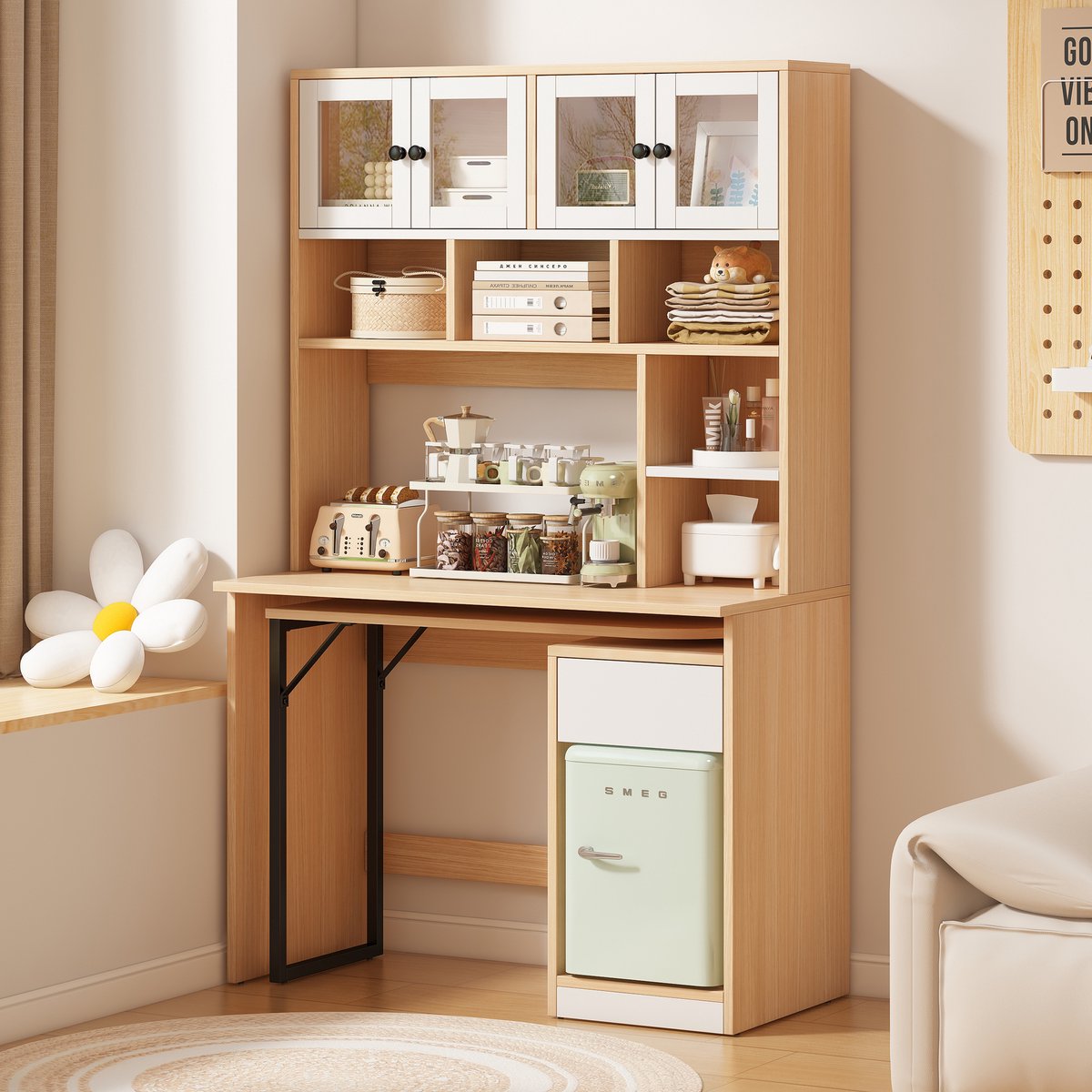 OKWISH Bureau - Met Hoge Opbergkast En Draaibaar Bureaudeel - 110 x 55 x 180 cm - Met Laden En Open Vakken - MDF Naturel Wit