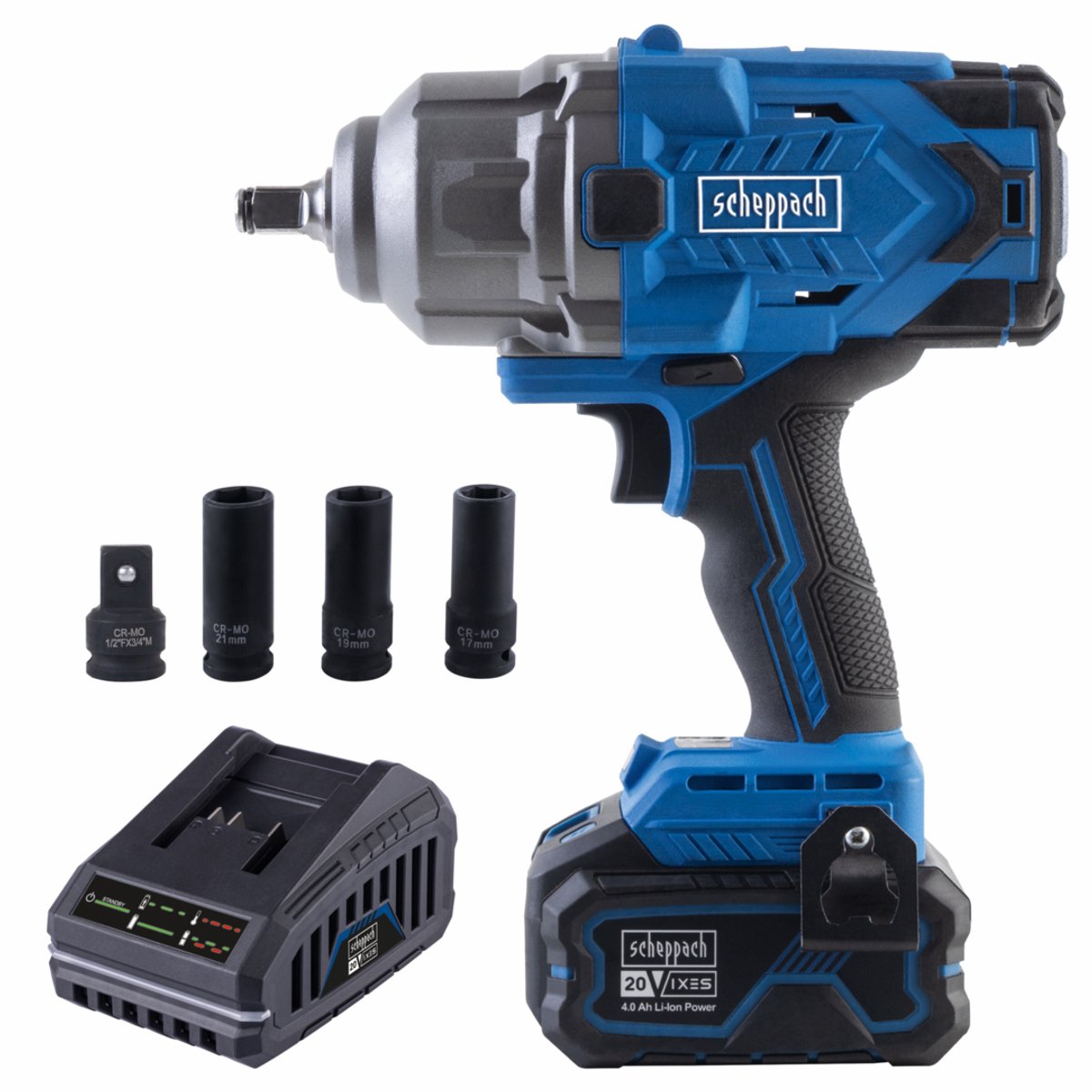 Scheppach Slagmoersleutel 20V BC-IW1350-X - Set - Maximaal koppel 1356 Nm - Inclusief accu, lader, doppen (17, 19, 21 mm) en bitadapter