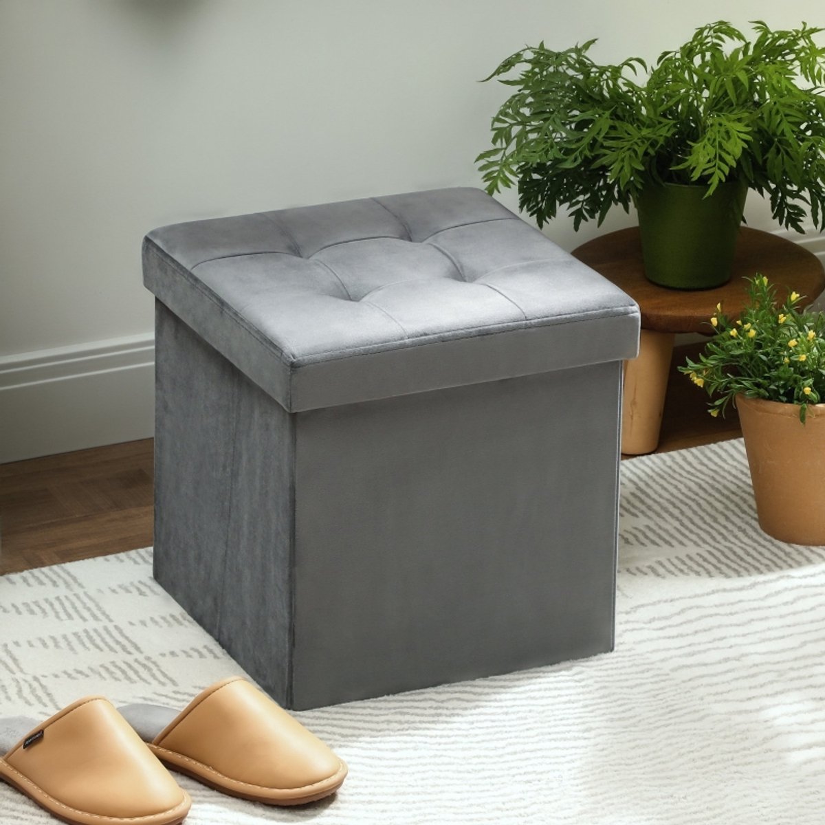 HAUSS SPOLE Poef - Opvouwbare Opbergpoef - Met Opbergruimte En Zachte Zitting - Voor Woonkamer, Slaapkamer En Hal - Polyester Grijs
