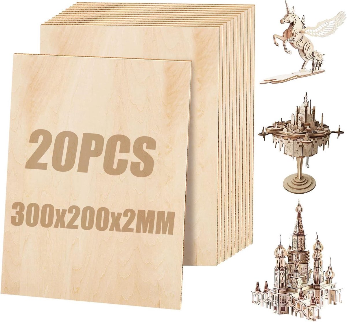 Set van 20 Plywood Platen 2mm, Lindenhout Platen 300 x 200mm voor Lasersnijden, Modelbouw en Creatieve DIY Decoratie