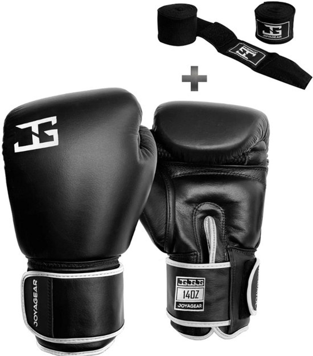 Joyagear "Thai" Bokshandschoenen - 12 oz – Zwart/Wit – Leren Kickbokshandschoenen & Bokshandschoenen – Ventilatie & Hoogwaardige Padding – Inclusief Bandage