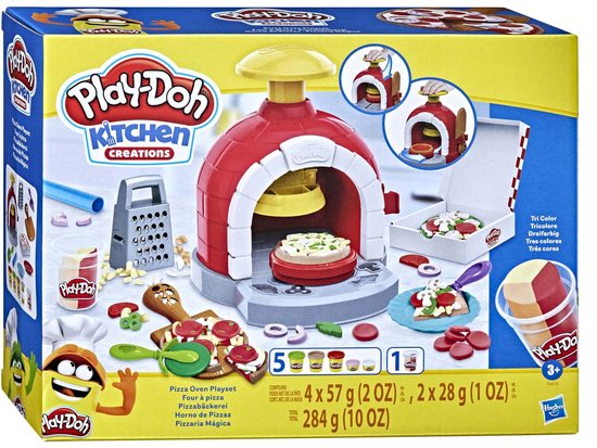 Play-Doh Keuken Creaties Pizza Oven Playset met rode oven, grijze rasp, groene spatel, rode deegroller en 6 potjes klei.