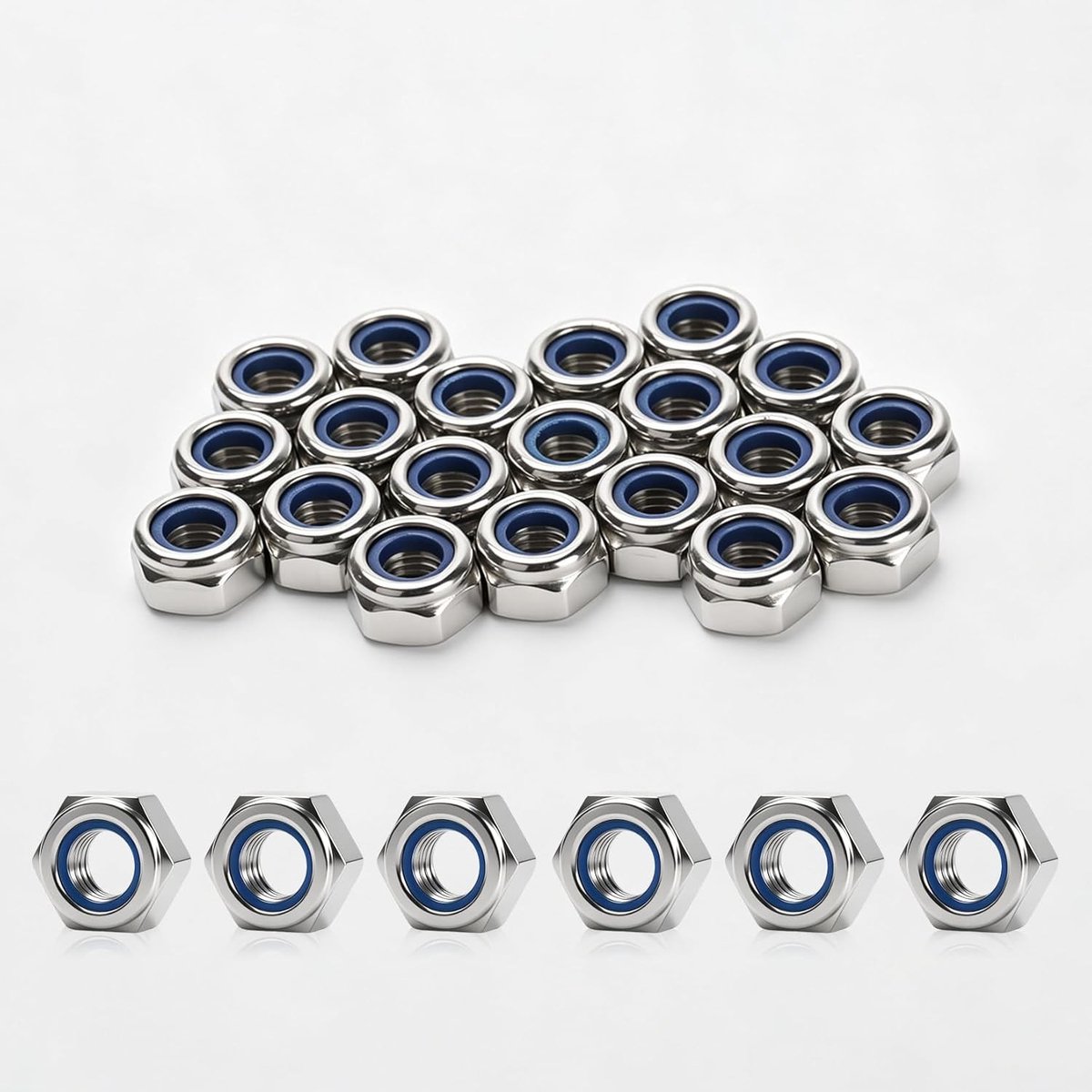 Assortiment van 20 stuks M10 zelfborgende roestvrijstalen moeren, zeskantmoeren met nylon inzetstuk, roest- en corrosiebestendig voor diverse toepassingen
