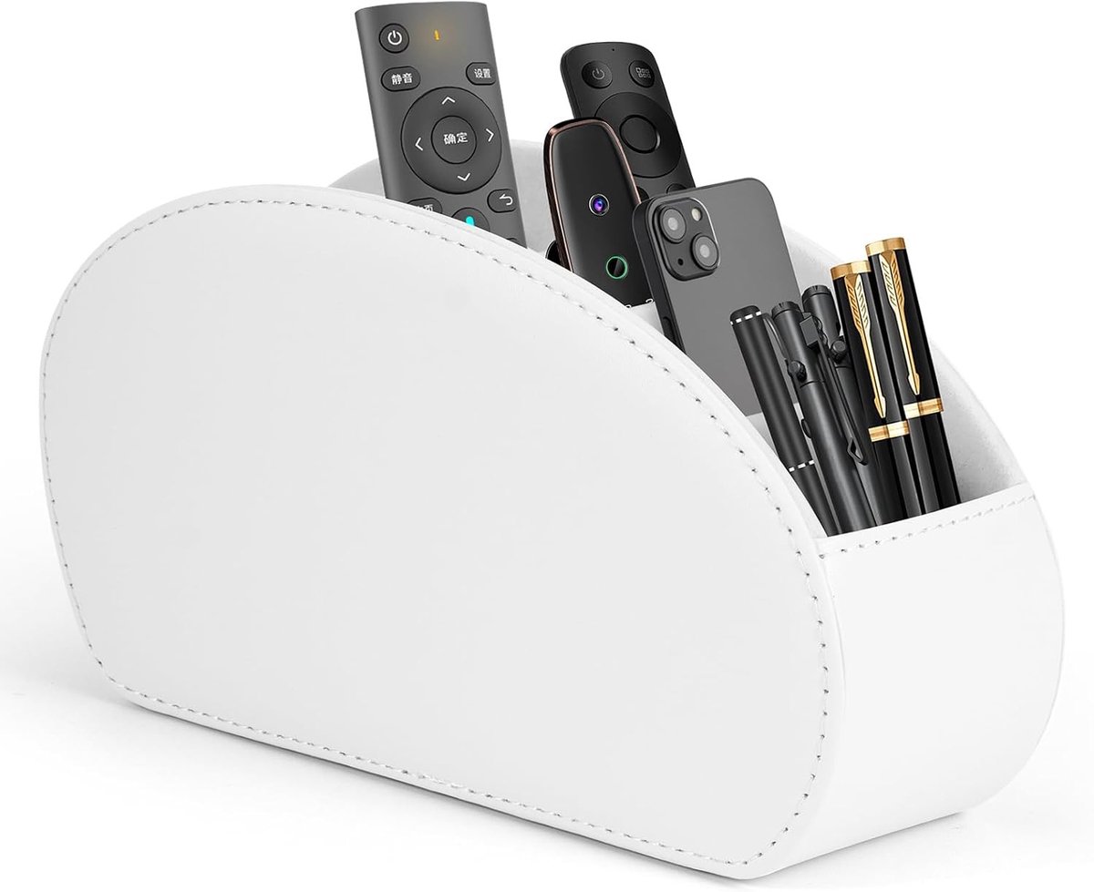 Organiser voor afstandsbedieningen met 5 vakken, leren houder voor bureau, multifunctionele opbergdoos voor make-up en pennen, 22 x 13 x 7.5 cm (Wit)