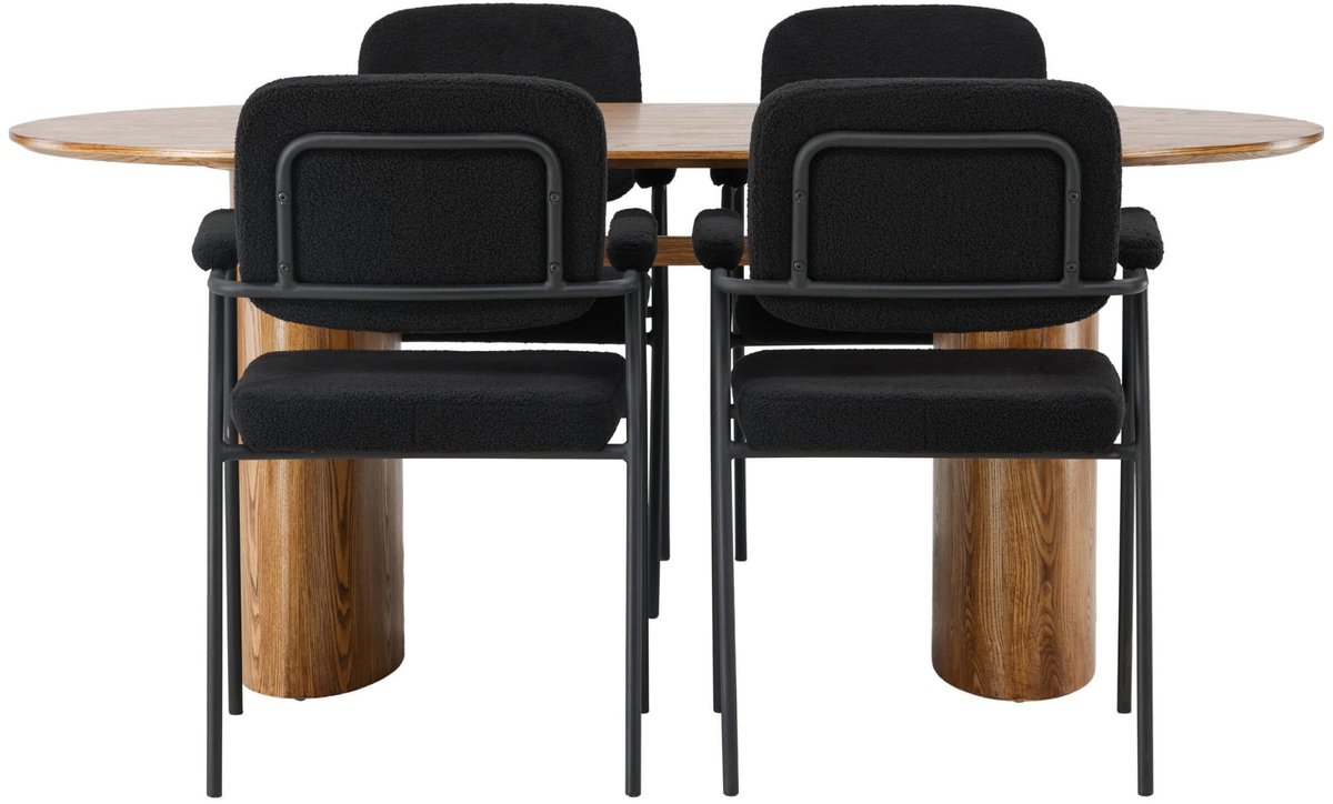 Isolde eethoek eettafel naturel 4 stoelen bouclé zwart.