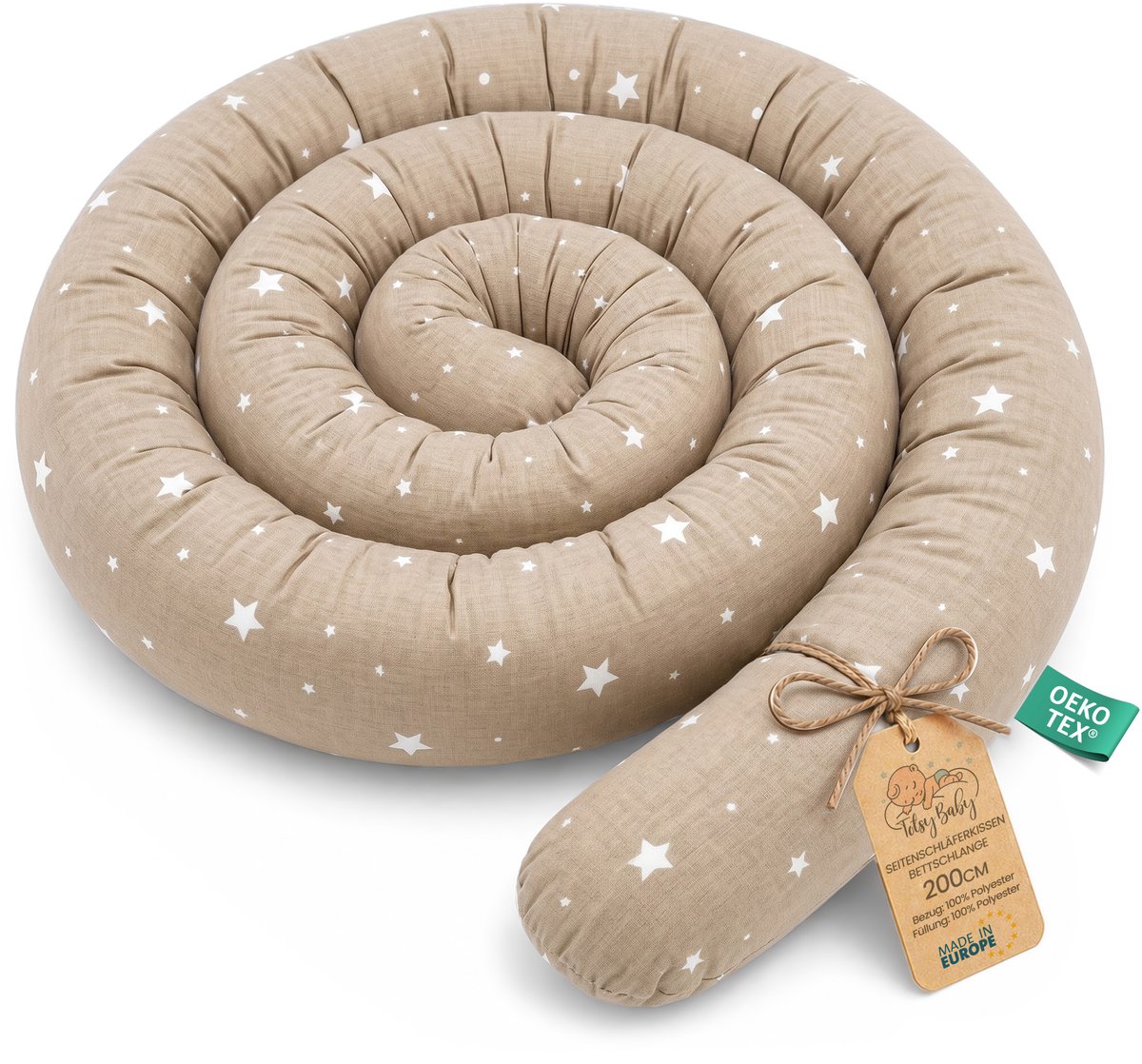 XXL bedslang bedkussen voedingskussen bedrol bedrandbescherming sierkussen bedomranding slang XL handgemaakt Beige met witte sterren 200 cm Oeko-Tex-certificaat