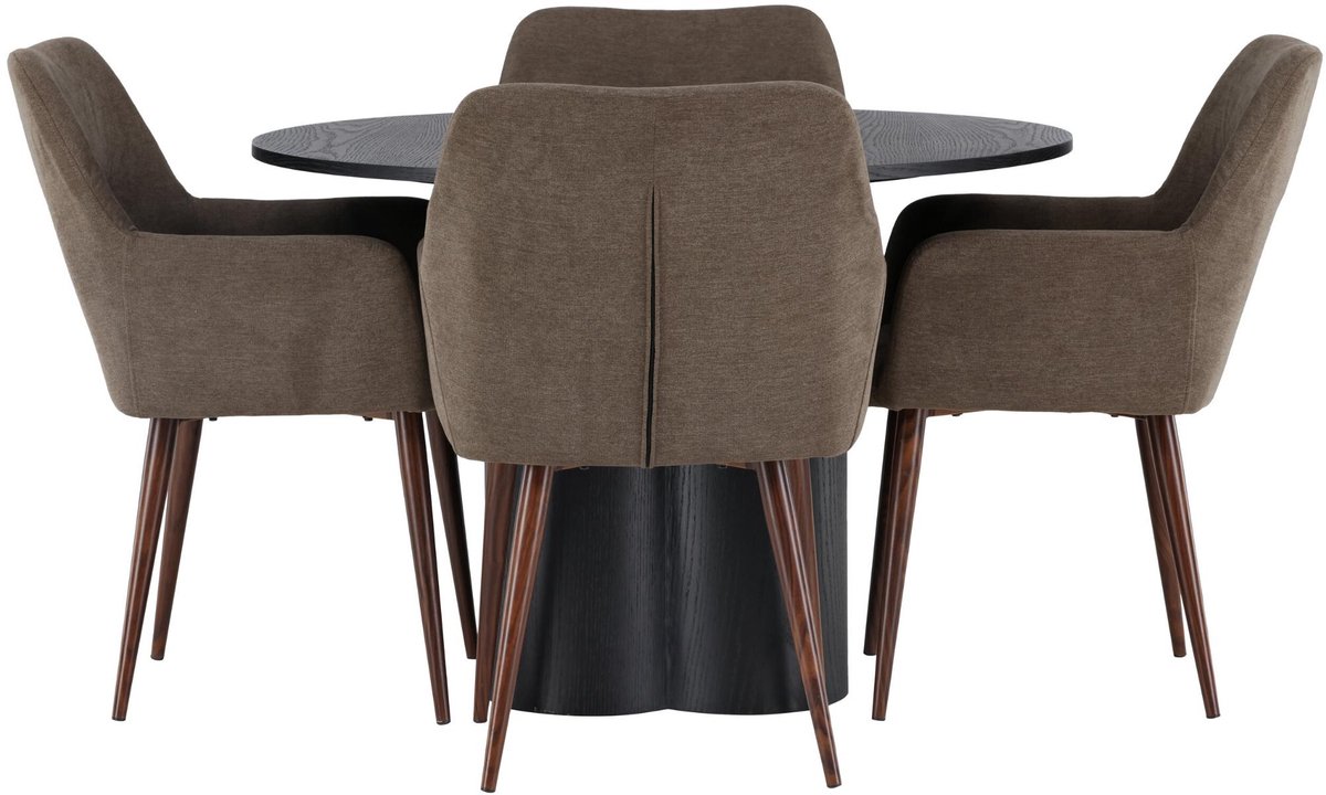 Olivia eethoek eettafel zwart 4 stoelen bruin.