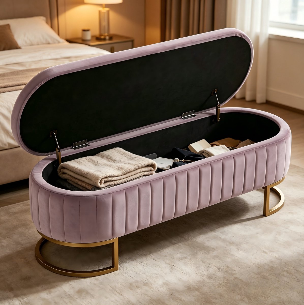 MIVRAY Bedbank 129,5 cm - Met Opbergruimte En Verticale Stiksels - Voor Slaapkamer, Hal En Woonkamer - Fluweel Roze