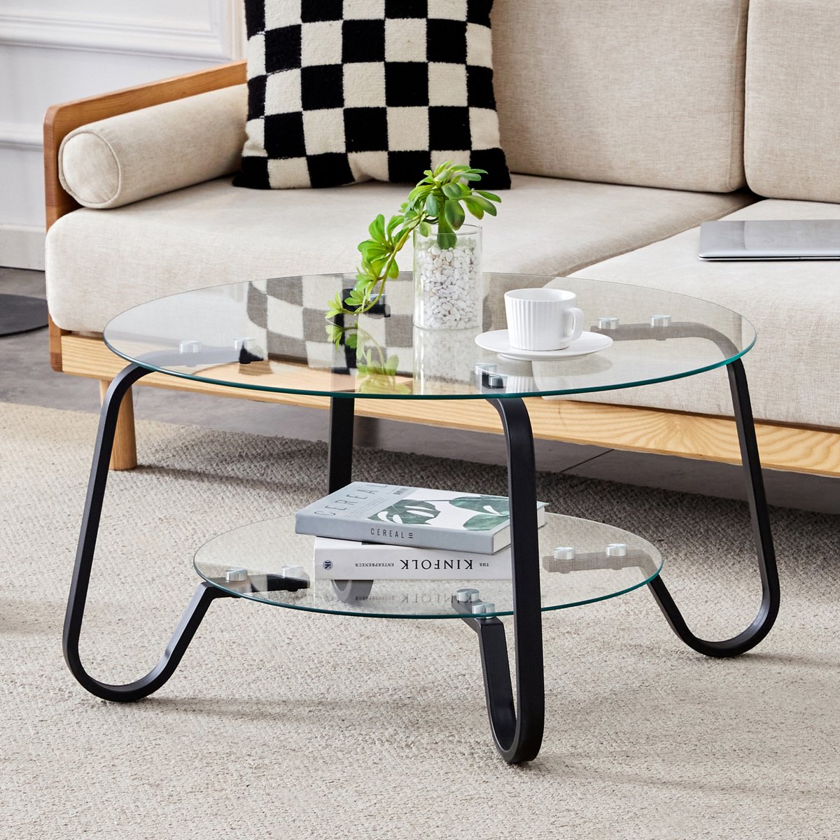 STILVORA Salontafel - Rond Met 2 Glazen Niveaus - Industrieel Design Voor Woonkamer En Kleine Ruimtes - Metaal Zwart - 80x80x45 Cm