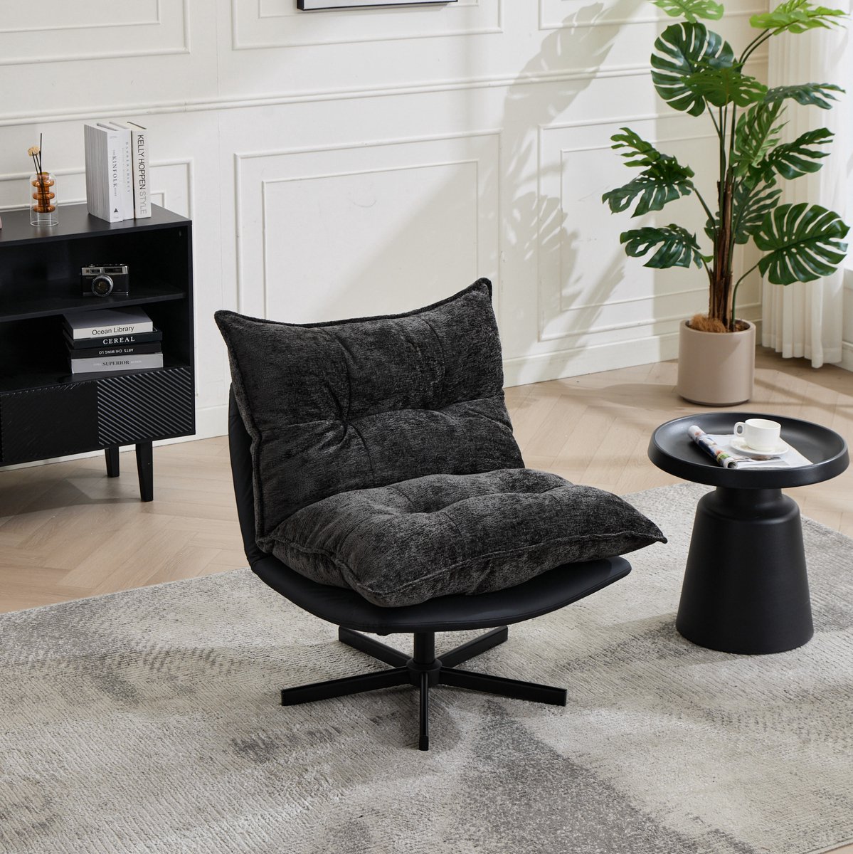 FloraGrace Relaxfauteuil - 81 cm - 360° Draaibaar Met 3 Handmatige Rugstanden - Voor Woonkamer, Leeshoek Of Thuiskantoor - Stof En Metaal - Zwart Grijs
