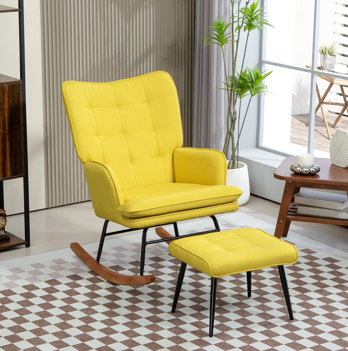 FloraGrace Schommelstoel 64 x 89 x 90 cm - Met Hocker, Hoge Rugleuning en Armleuningen - Voor Woonkamer en Ontspanning - Polyester - Geel