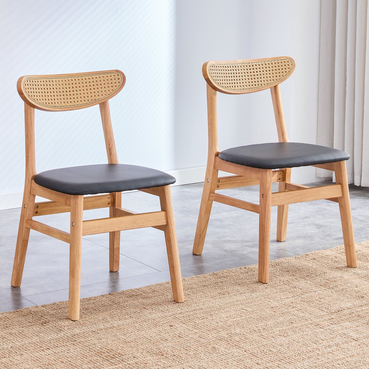 FloraGrace Eetkamerstoel – Ergonomisch Ontwerp Met Rotan Rugleuning – Set Van 2 – Hout En Kunstleer – Scandinavisch – Houtkleur