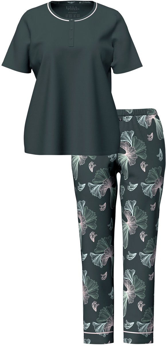 Ulla Popken Dames - Pyjama ginkgopatroon ronde hals korte mouw - Donkergrijsgroen - Maat 62+