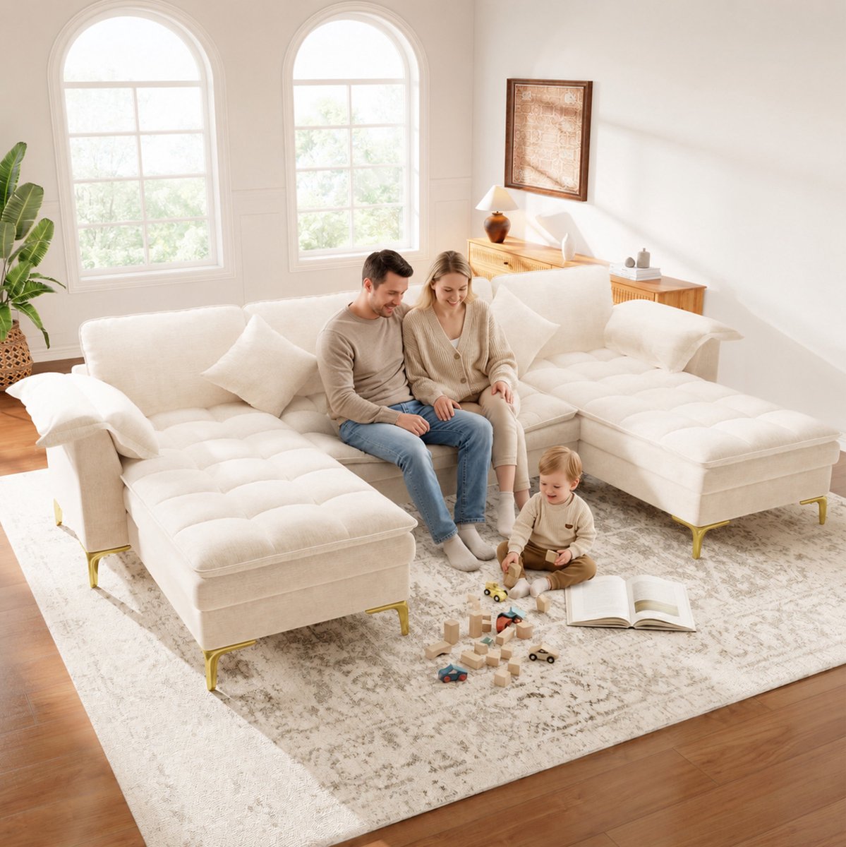 Wishdor - U-bank - modulaire 4-zits hoekbank met 2 chaise longues - modern design voor woonkamer of slaapkamer - chenille bekleding - beige - 262 x 134 x 86 cm
