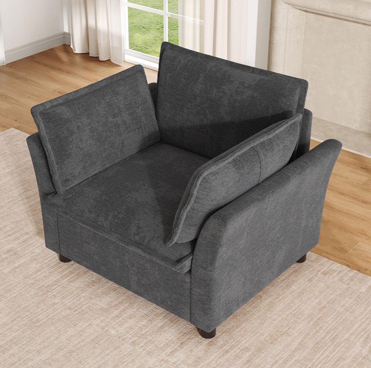 OKWISH Fauteuil 90 x 81 x 87 cm - 1-Zits Leesstoel Met Armleuningen En 2 Kussens - Zachte Chenille - Woonkamer Slaapkamer Of Kantoor - Grijs
