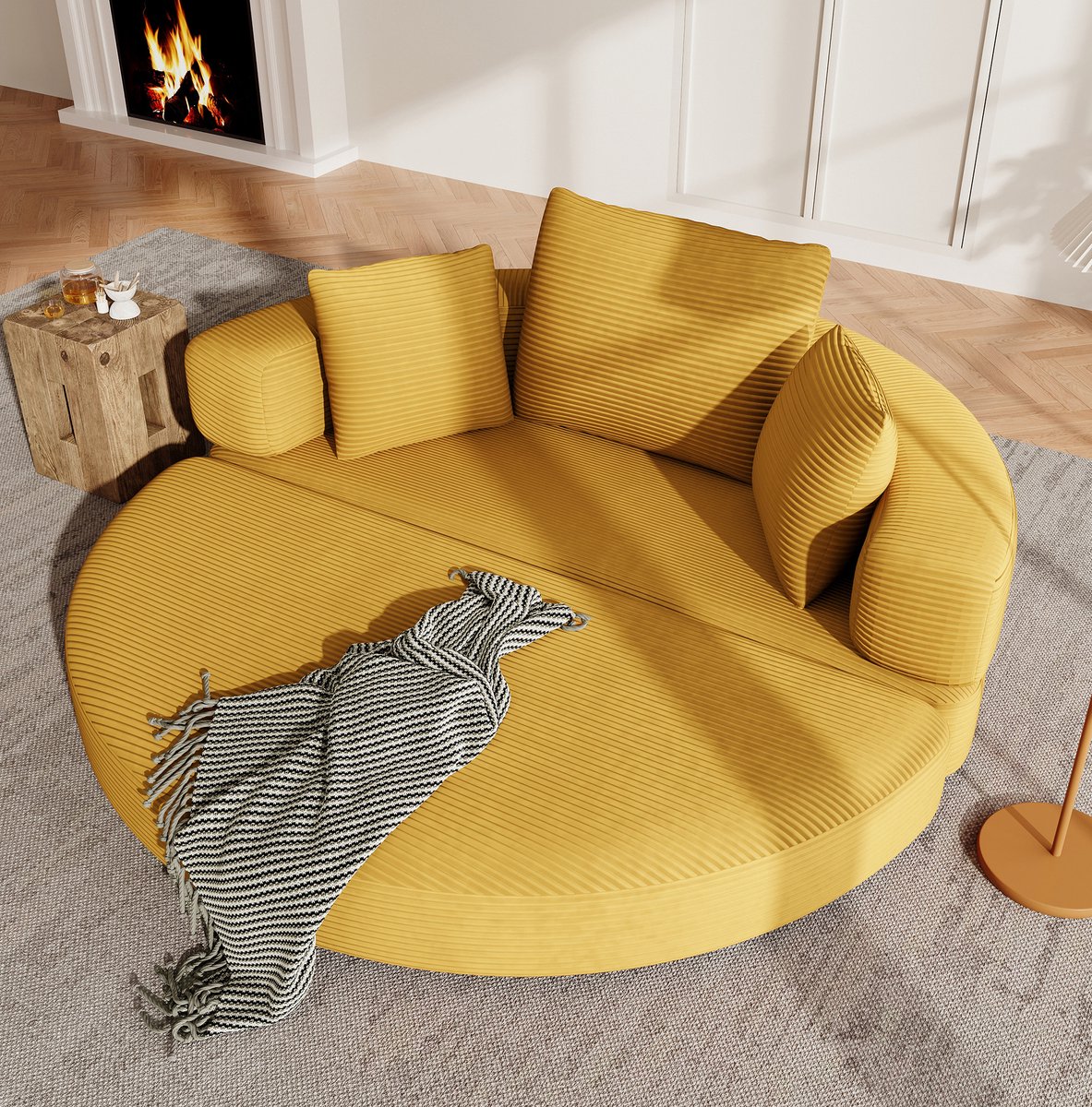 MIVRAY Slaapbank 173 x 176 cm - 2-in-1 Opvouwbare Ovale Bedbank Met 3 Kussens - Voor Appartement En Logeerkamer - Cordstof Geel