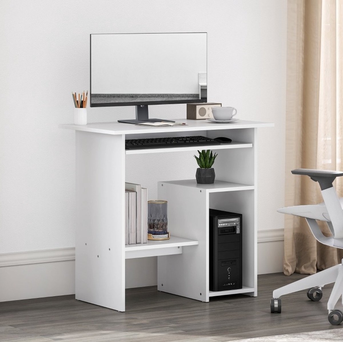 STILVORA Bureau - Compact Computerbureau Met Uitschuifbare Toetsenbordplank - Met Open Vakken Voor Thuiswerk En Slaapkamer - Spaanplaat - 80x45x75 Cm - Wit