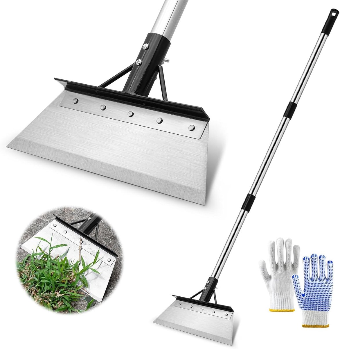 Efficiënte Tuinonkruid Schraper Set - RVS Mes van 21 cm met 120 cm Pols en Handschoenen - Ideaal voor Mos, IJs en Sneeuwverwijdering op Terras en Oprit