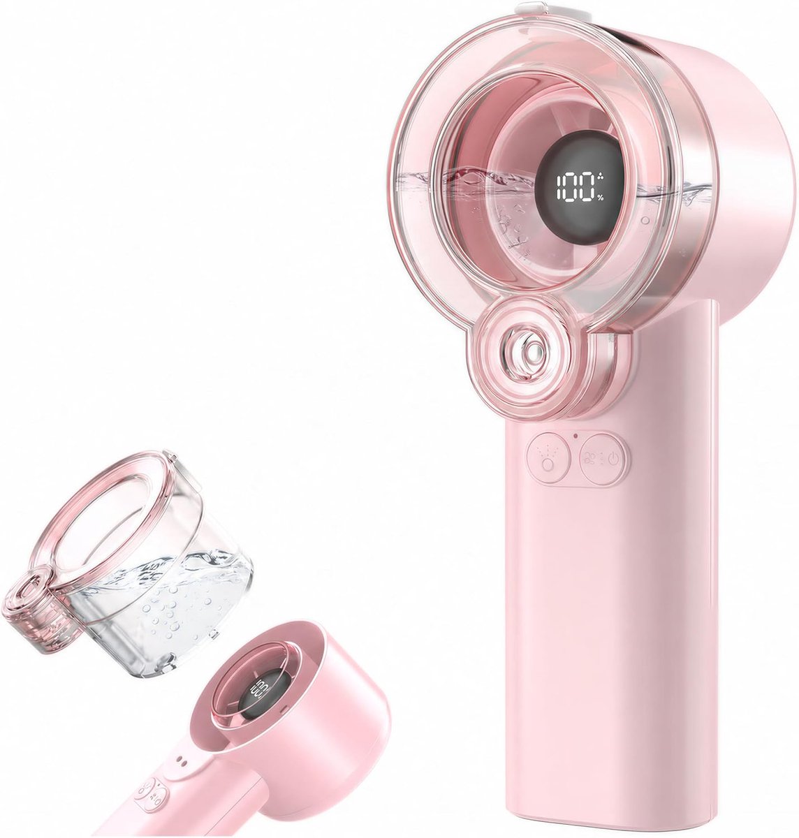 2-in-1 handventilator met sproeifunctie - Draagbaar - Oplaadbaar - Waterstraalventilator - 5 windsnelheden - Met LED-display - Persoonlijk - Mini - Koelventilator met afneembaar waterreservoir - Zomer - Heren/Dames - Roze-1 stuk