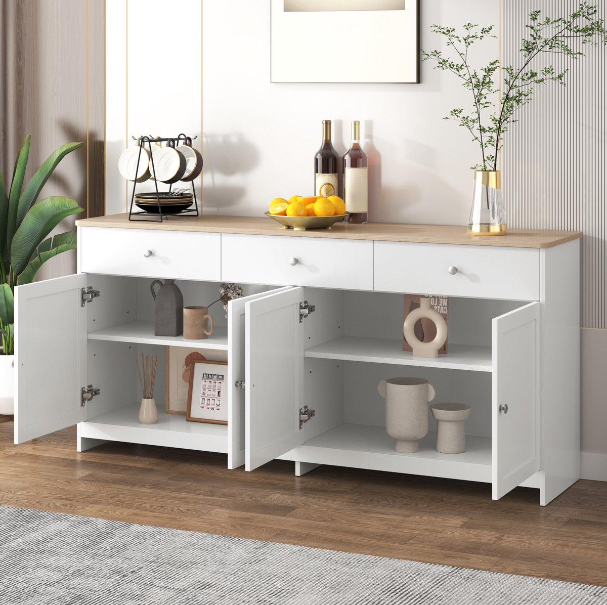 OKWISH Dressoir - 160 x 37 x 75 cm - 3 Lades en 4 Deuren - Verstelbare Planken - Landelijke Opbergruimte - MDF Wit Houtkleur