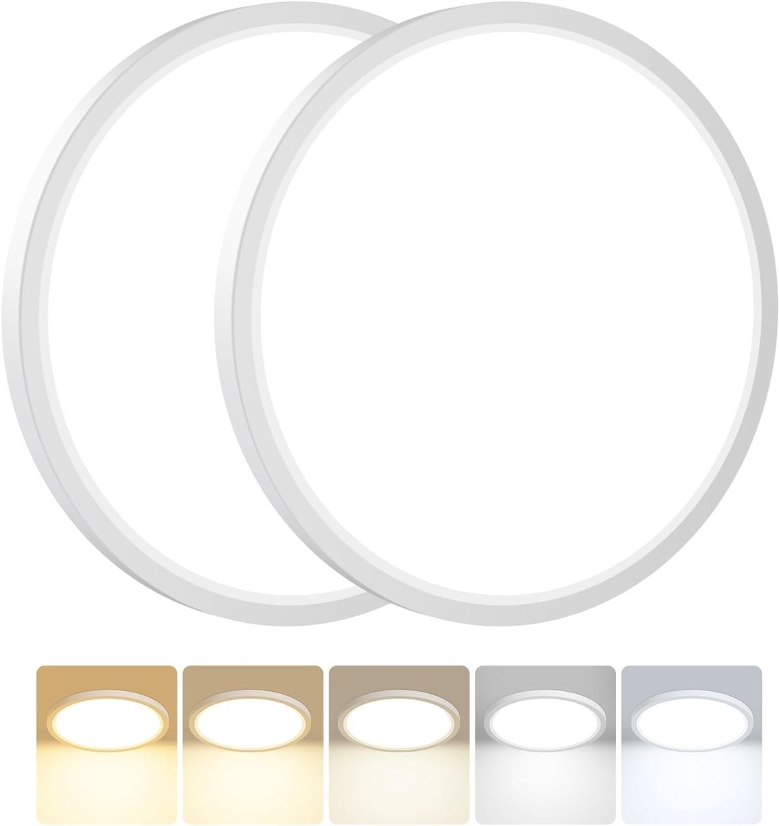 2 Stuks LED Deckenlampen Rond, 24W Waterdichte Verlichting voor Badkamer, Flur en Woonkamer, 5 Kleuren en 3000-6500K Lichttemperatuur